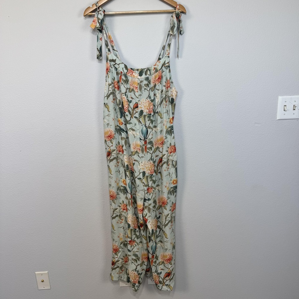 World Market Jumpsuit Women's L/XL Blue‎ Floral Bird Print Tie Strap Wide Leg